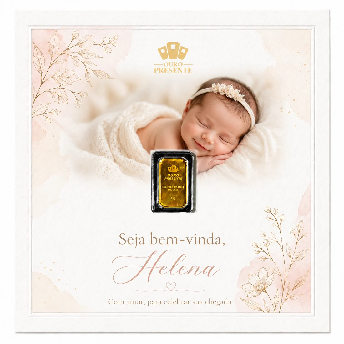 Cartão quadrado personalizado com foto de bebê e lâmina de ouro