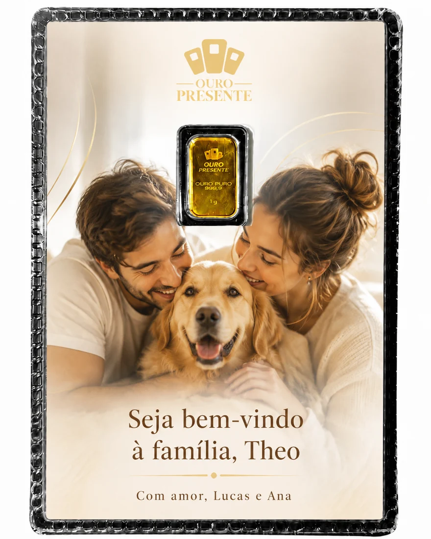 Blister de ouro personalizado com foto de casal e cachorro